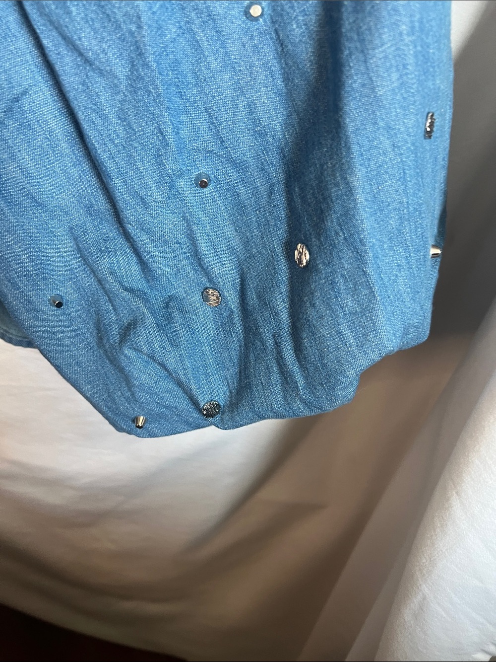 LOFT Light Blue Denim Puff-Sleeve Blouse with Sequin Detail - Picture 6 of 13